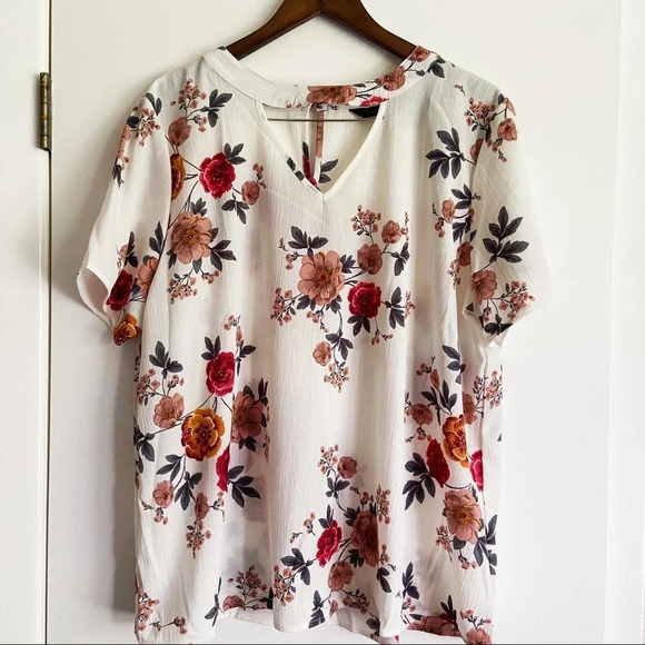 Blouse Choker Cut Out Top Short Sleeve Floral V-Neck Blouse XL - Picture 1 of 10